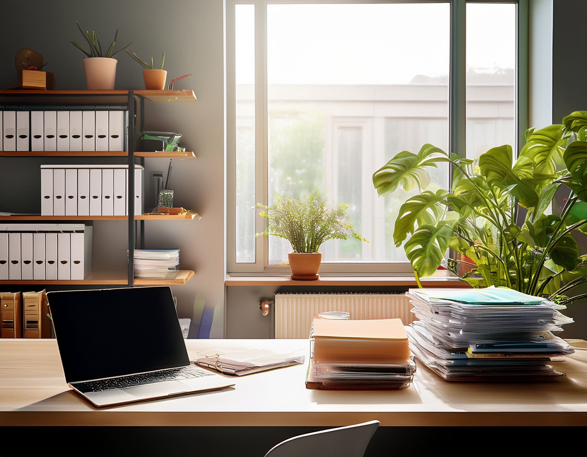 Moderne Büroeinrichtung mit Steuerberatungsdokumenten und Laptop